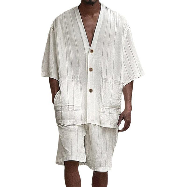 Men's Fashion Loose Striped V Neck Half Sleeve Shirt Shorts Casual Set 32615403Z