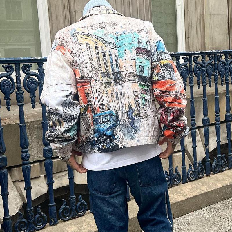 Men's Graffiti Lapel Loose Zipper Jacket 88502274Z