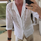Men's Casual Hollow Lace Lapel Short-Sleeved Shirt 66454350M