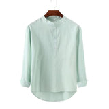 Men's Classic Casual Stand Collar Solid Color Bamboo Cotton and Linen Long Sleeve Shirt 19376731K