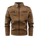 Men's Vintage Washed Multi-pocket Stand Collar Zippered Leather Jacket 34967189M