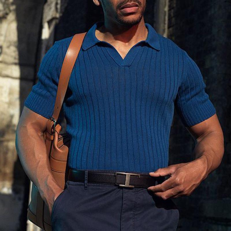 Men's Casual Solid Color Slim Fit Lapel Short Sleeve Polo Shirt 62207022M