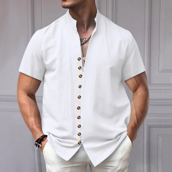 Men's Casual Cotton Linen Button-down Stand Collar Loose Short-sleeved Shirt 49952323M