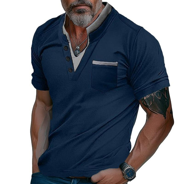 Men's Casual Color Block Pocket Stand Collar Henley Short Sleeve T-Shirt 99787560Y