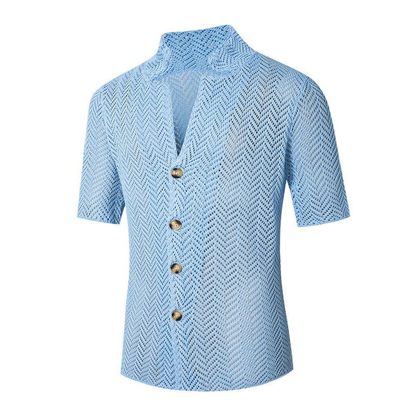 Men's Stand Collar Knitted Short Sleeve Cardigan Jacket 05675714X