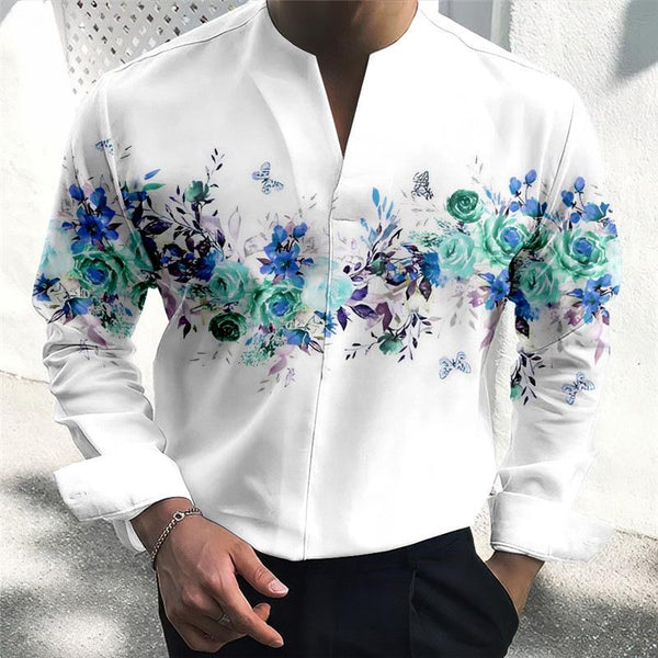 Men's Flower Print V Neck Long Sleeve Casual Shirt 31181781Z