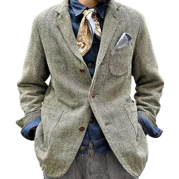 Men's Vintage Herringbone Single-Breasted Lapel Multi-Pocket Blazer 83357632Y