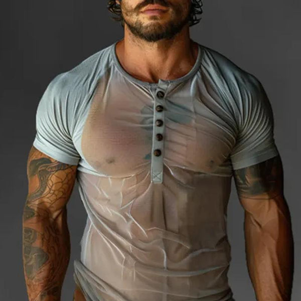 Men's Colorblock Raglan Sleeve Transparent Henley Neck  Slim Fit Short Sleeve T-Shirt 88748647Y