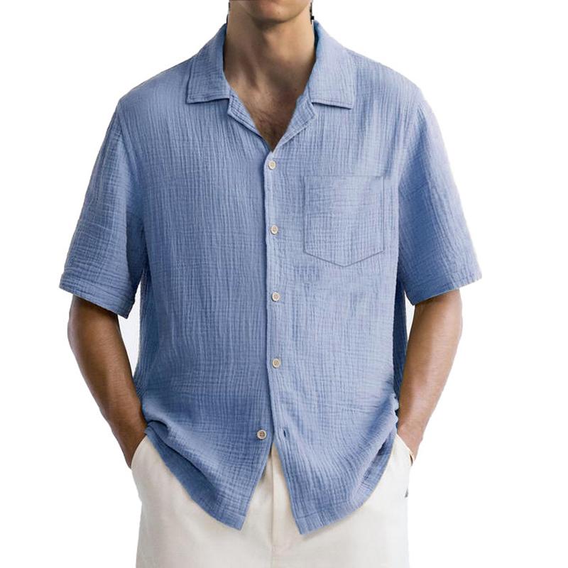 Men's Solid Color Cotton And Linen Chest Pocket Short Sleeve Shirt 77475871Y