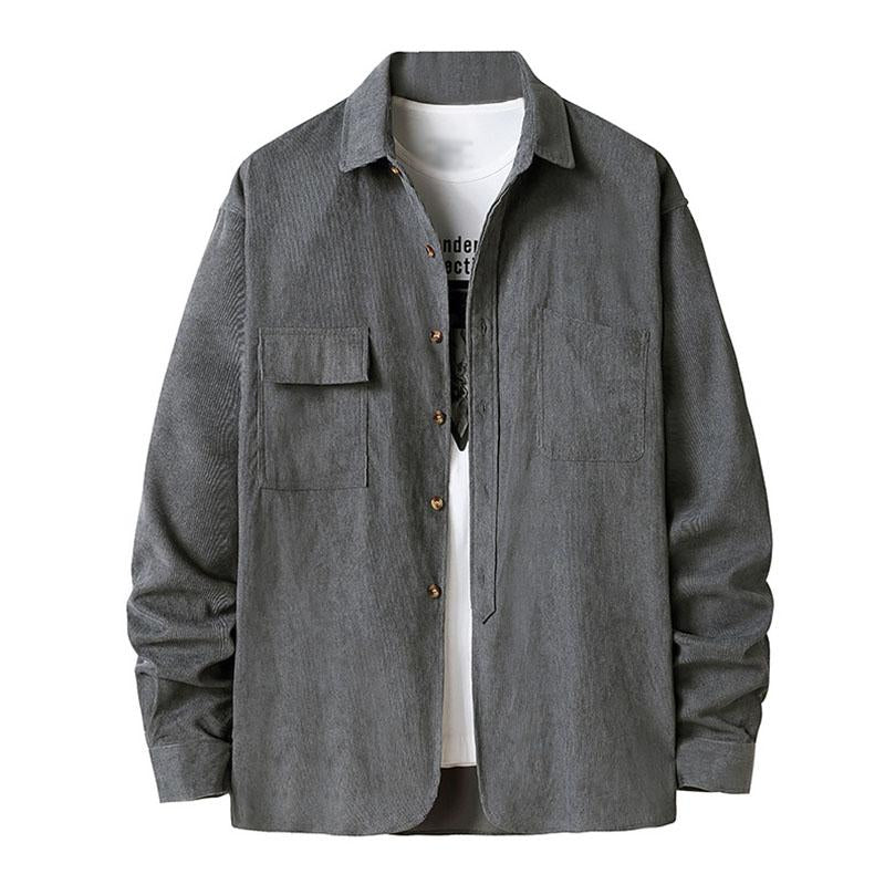 Men's Casual Solid Color Corduroy Lapel Long Sleeve Shirt 40833480M