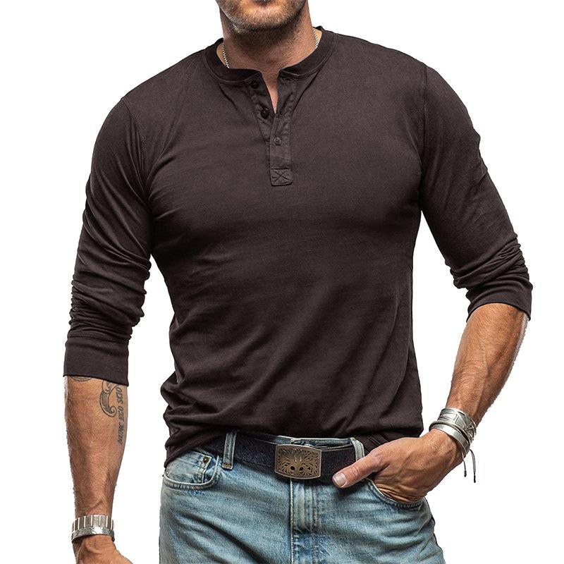 Men's Vintage Solid Color Henley Collar Long Sleeve T-Shirt 96415517Y