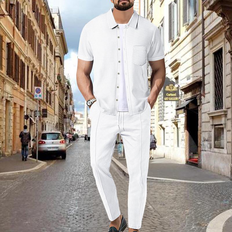 Completo da uomo con camicia e pantaloni a maniche corte in tinta unita a nido d'ape 59383797X