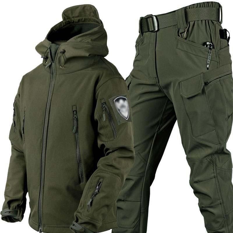 Men's Classic Outdoor Thickened Warm Windproof Shark Leather Soft Shell Jacket Sports Pants Set 47979732K