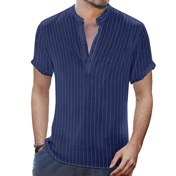 Men's Casual Loose Striped Cotton Linen Stand Collar Short Sleeve Shirt 24527701M