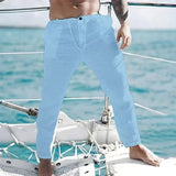 Men's Solid Color Linen Summer Drawstring Elastic Waist Beach Trousers 61028134X
