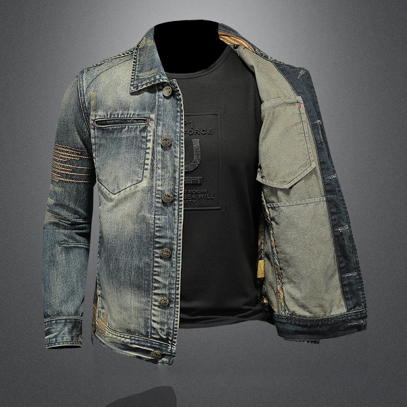 Men's Vintage Washed Lapel Slim Fit Denim Motorcycle Jacket 11204882M