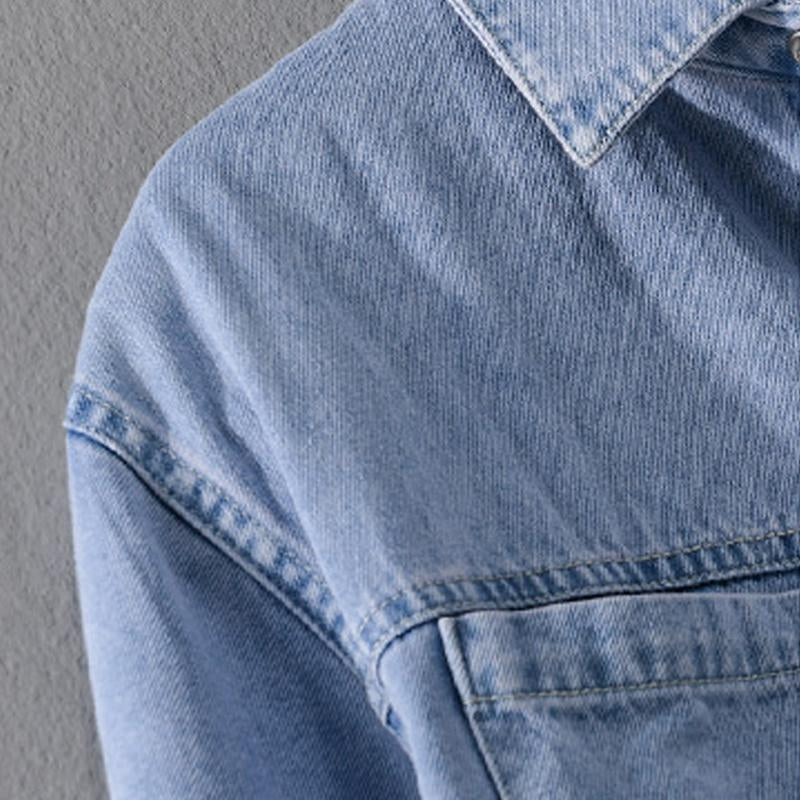 Men's Vintage Cotton Washed Distressed Lapel Long Sleeve Denim Shirt 94707301M