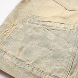 Men's Vintage Washed Distressed Cashew Flower Print Loose Denim Jacket 55298314M