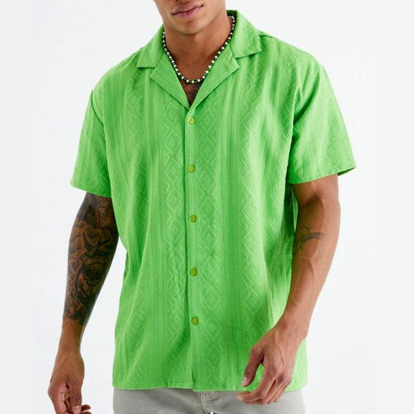 Men's Solid Color Jacquard Lapel Short Sleeve Loose Casual Shirt 41569908Z