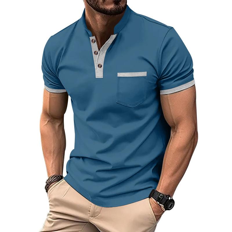 Men's Colorblock Henley Collar Chest Pocket Short Sleeve T-shirt 20900398Z