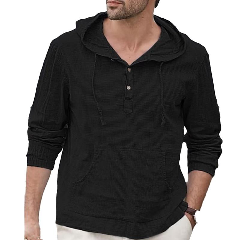 Men's Solid Color Loose Cotton Blend Casual Hooded Long Sleeve Pullover Shirt 85520141X