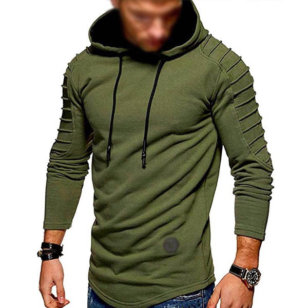 Men'S Casual Retro Solid Color Pleated Sleeve Hooded Sweatshirt 90198753Y