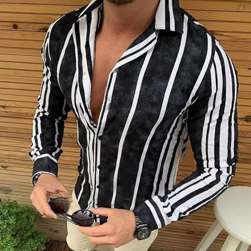 Men's Long Sleeve Lapel Button Striped Shirt 73891942X