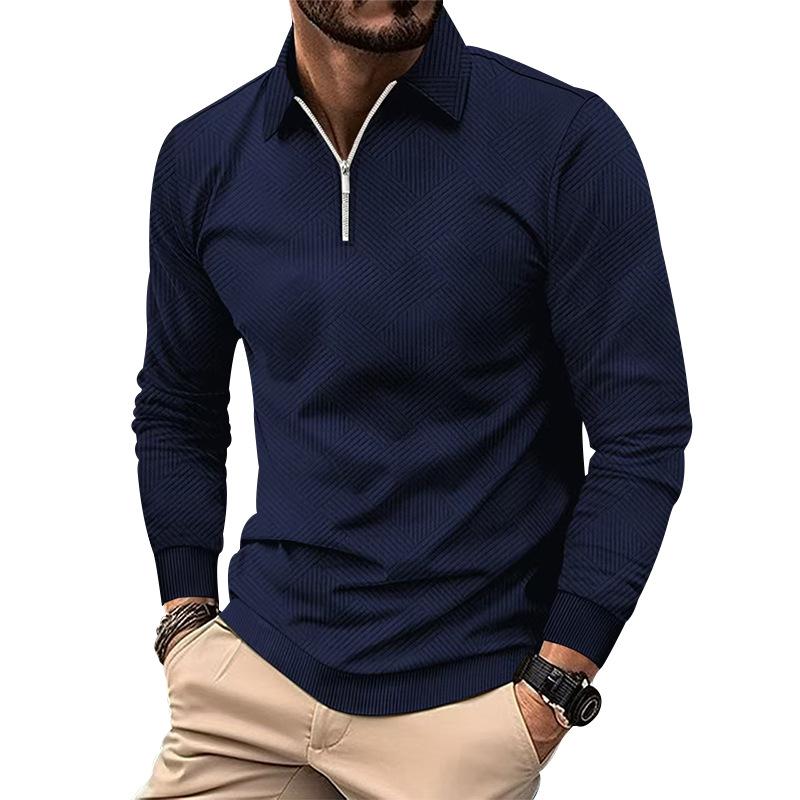 Men's Solid Color Jacquard Lapel Long Sleeve Casual Polo Shirt 35873953Z