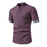 Men's Casual Short-sleeved Stand-up Collar Color Block Shirt 13181895X