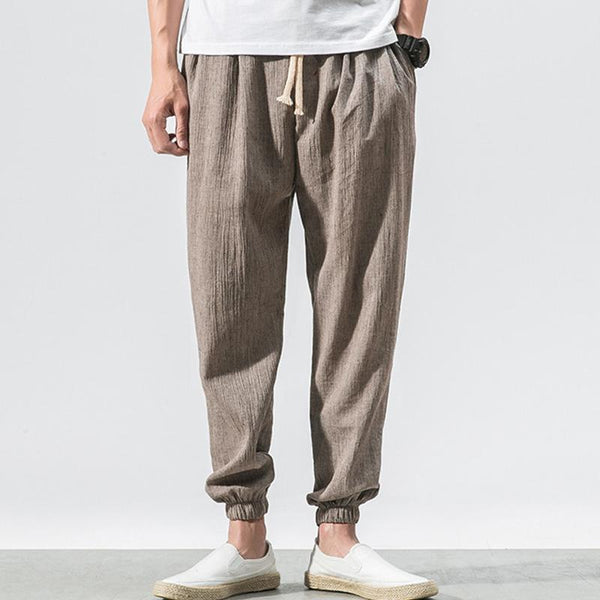 Men's Retro Cotton and Linen Solid Color Loose Pencil Pants 14441624X