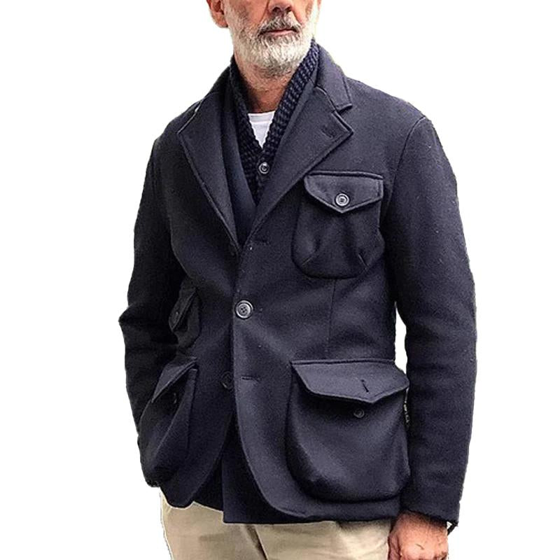 【Expédition 24 heures】HommesS Veste vintage à revers en laine de couleur unie avec poches multiples 43173780Y