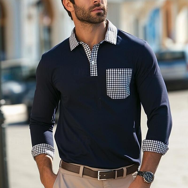 Men's Lapel Plaid Stitching Long Sleeve POLO Shirt 38535473X