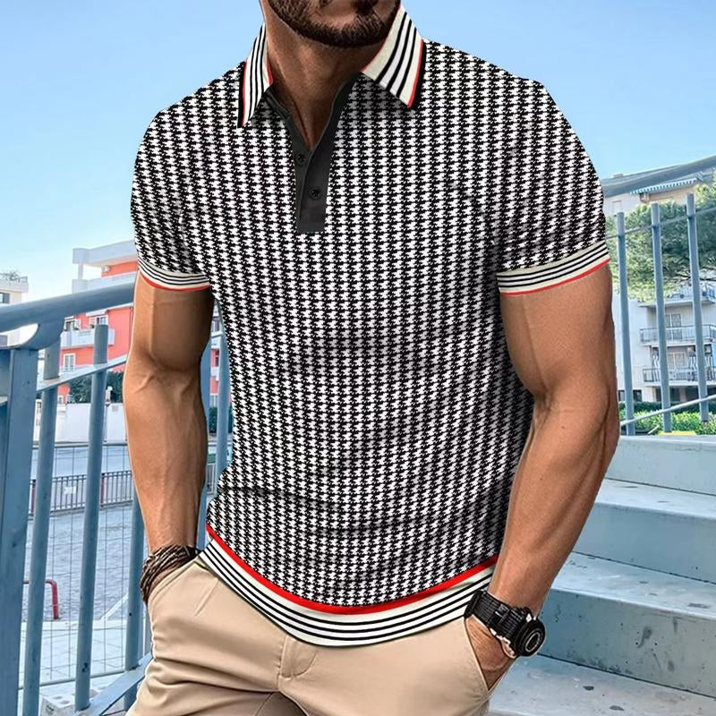 Men's Casual Houndstooth Color Block Short Sleeve POLO Shirt 51904569X