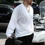 Men's Casual V-Neck Solid Color Long-Sleeved T-Shirt 06568936M