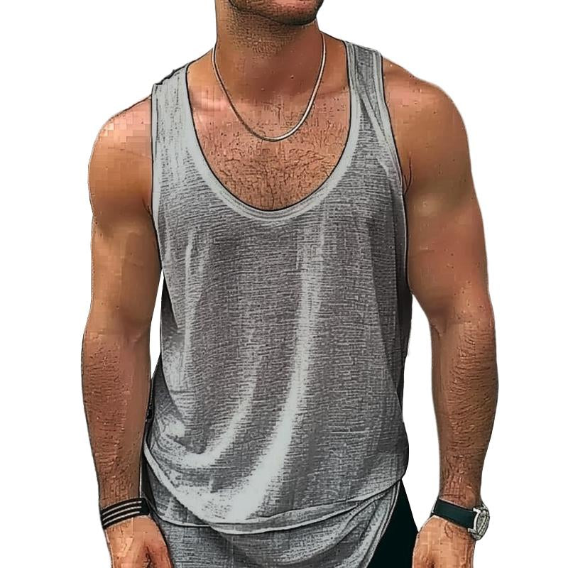 Men's Casual Cotton Linen Breathable U-neck Slim Fit Tank Top 79123904M