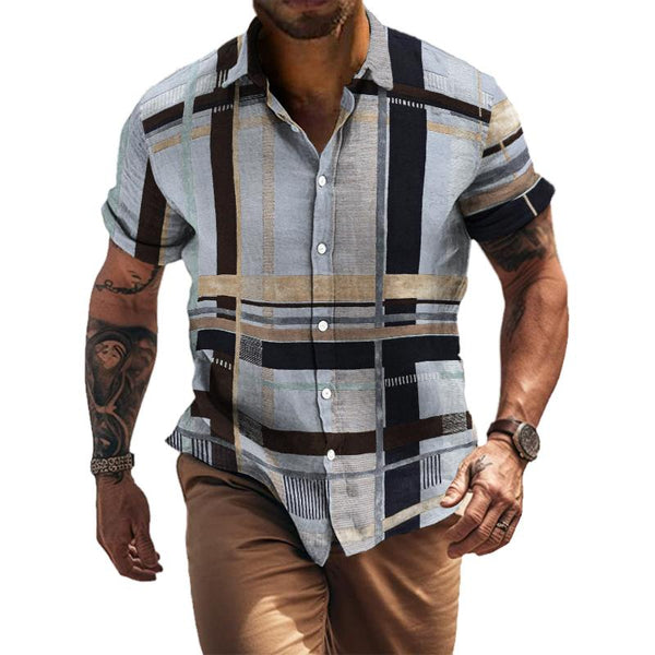 Men's Casual Plaid Colorblock Lapel Short-sleeved Shirt 67020217TO
