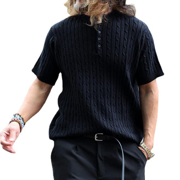 Men's Casual Round Neck Button Knit Short Sleeve Sweater 64230187M