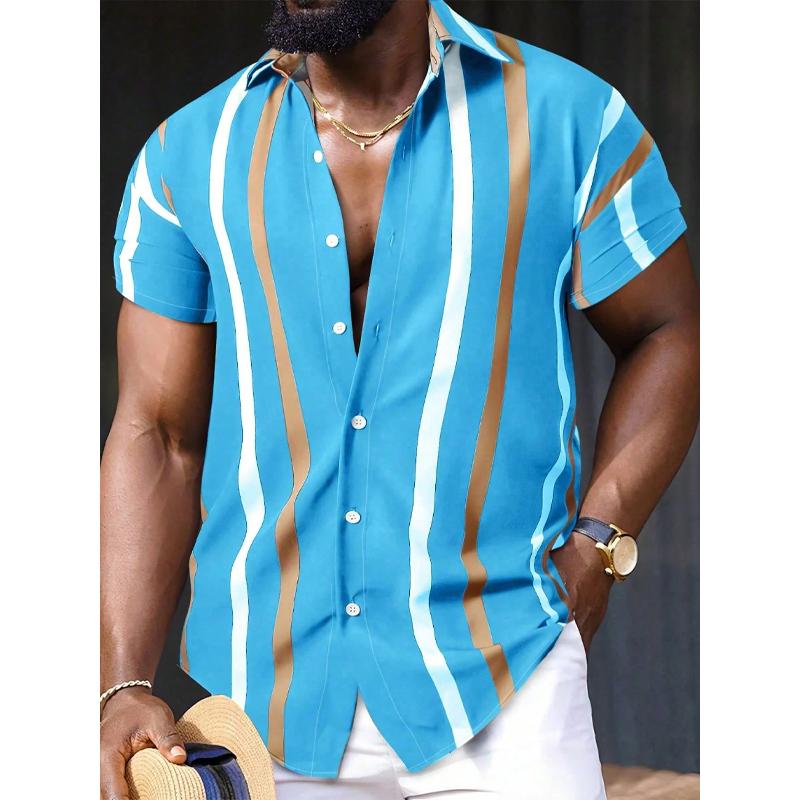 Men's Casual Striped Printed Lapel Short Sleeve Shirt 20632093Y