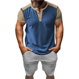 Men's Casual Colorblock Henley Collar Short Sleeve T-Shirt Waffle Sports Shorts Set 37978250M