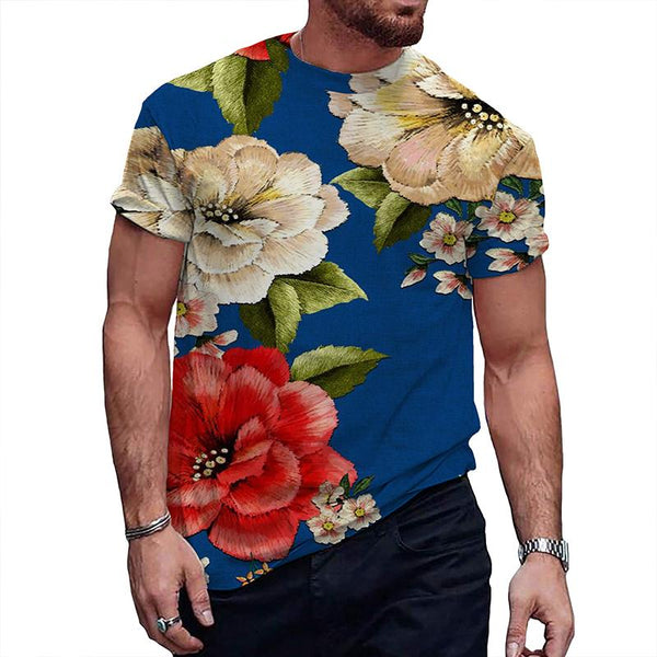 Men's Retro Floral Round Neck Printed Short-sleeved T-shirt 25807221TO