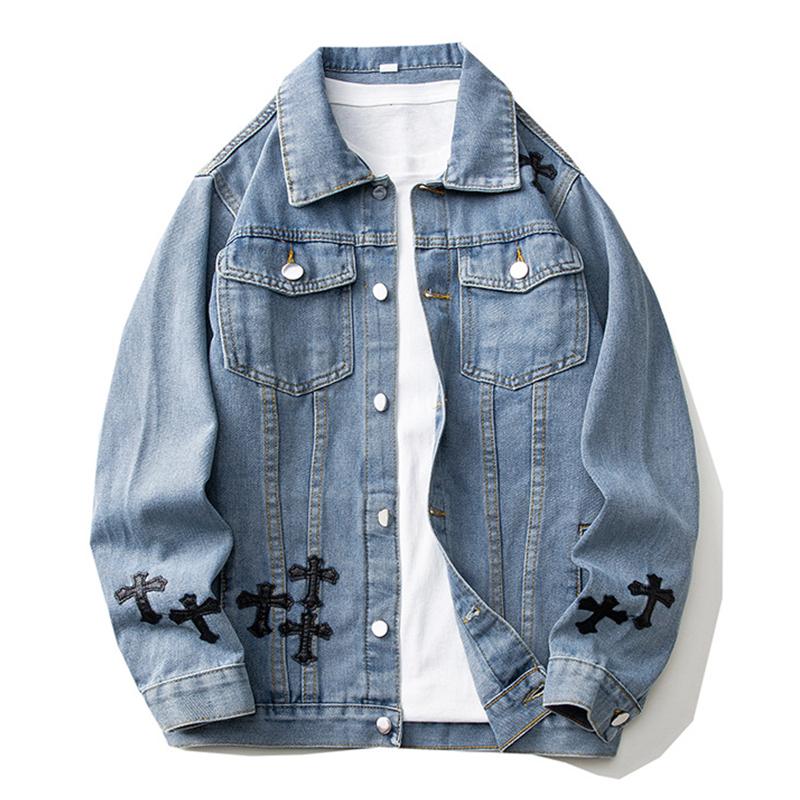 Men's Fashion Cross Patch Lapel Single Breasted Denim Jacket 84136194M