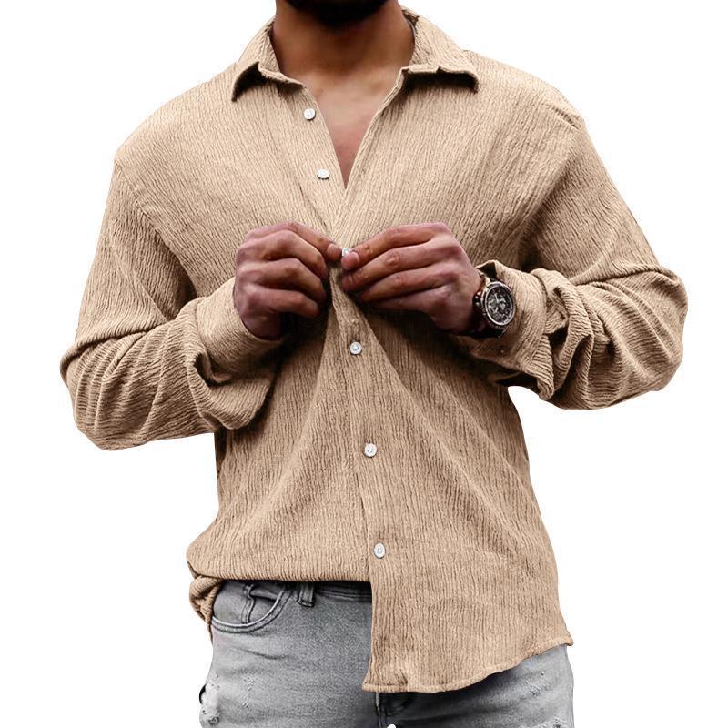 Men's Solid Loose Linen Lapel Long Sleeve Shirt 01526129Z