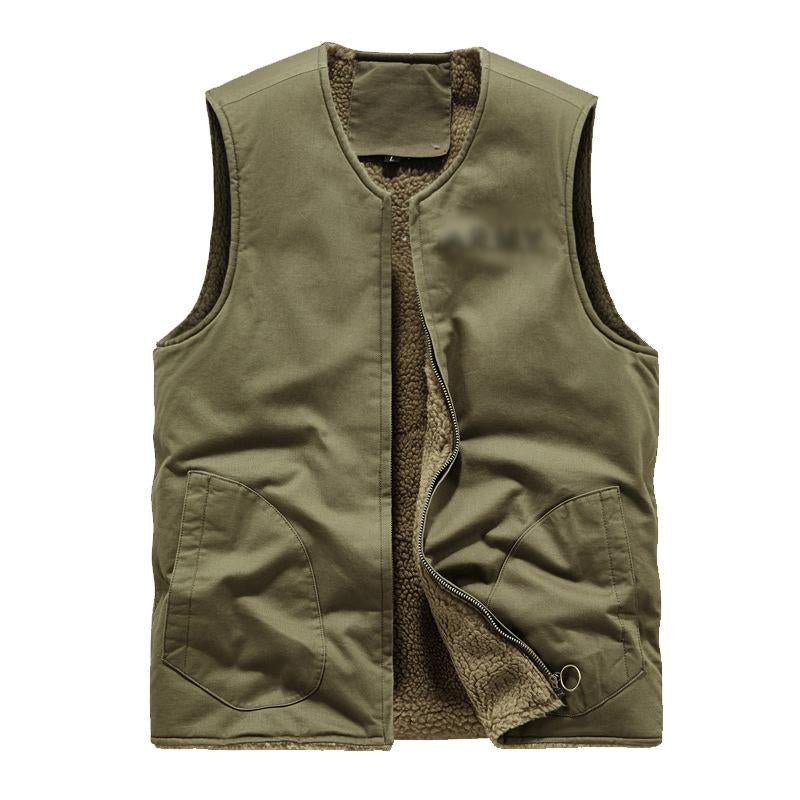 Men's Retro Plush Lined Warm Collarless Cargo Vest 26112237Y