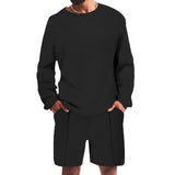 Men's Casual Sports Solid Color Waffle Round Neck Long Sleeve Hoodie Shorts Set 91439062M