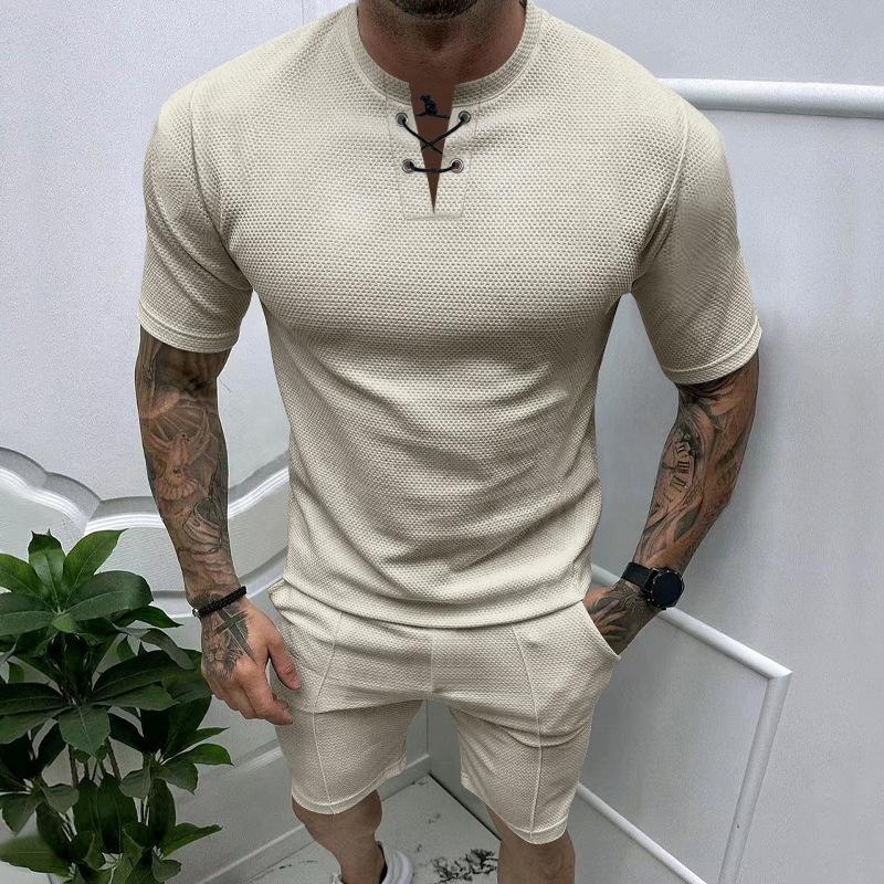 Men's Solid Color Waffle Short Sleeve Shorts Two Piece Set 09361971X
