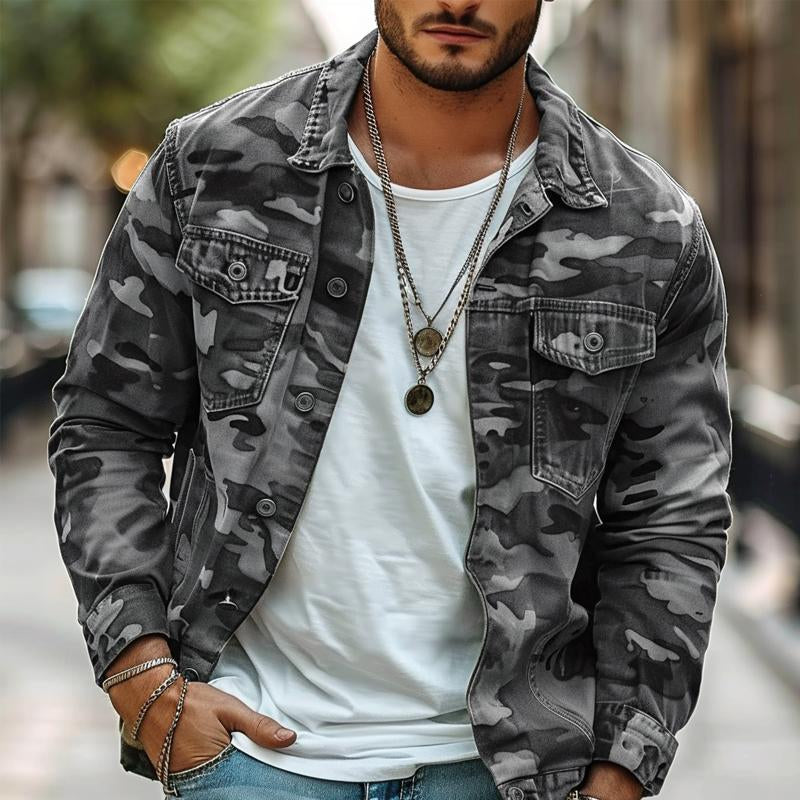 Veste à revers en toile camouflage pour homme style rétro 18911497X