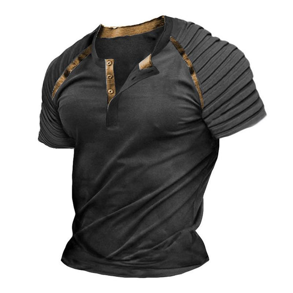 Men's Casual Pleated Henley Collar Short-Sleeved T-Shirt 18238021M