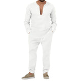 Men's Solid Loose V Neck Long Sleeve T-shirt Trousers Casual Set 47594020Z