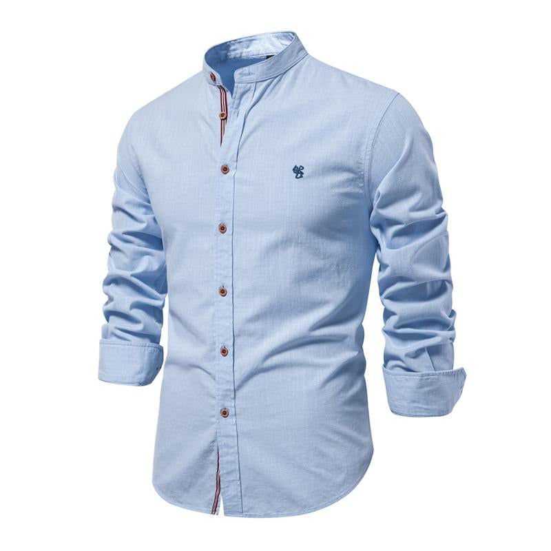 Men's Casual Cotton Linen Blended Stand Collar Slim Long Sleeve Shirt 21204965M