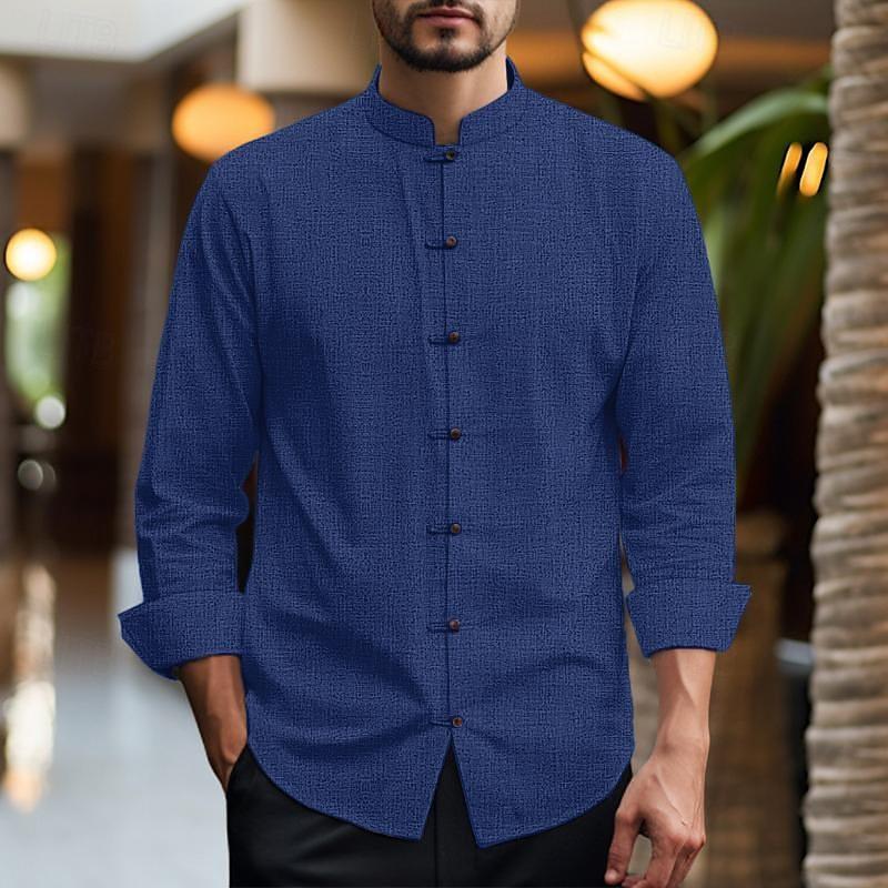 Men's Solid Color Stand Collar Button-Down Long Sleeve Shirt 15398566Y
